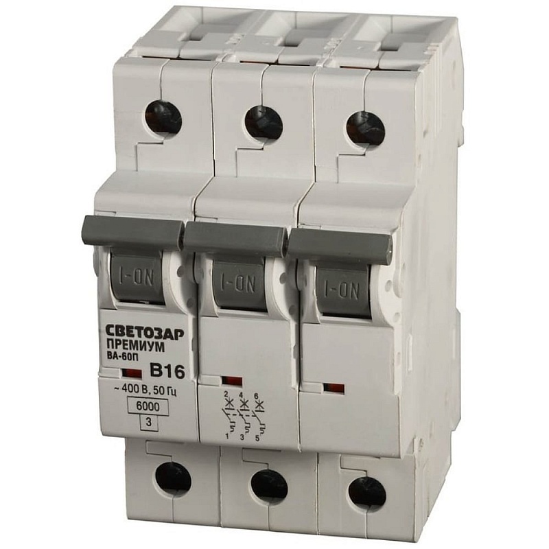 Автоматический выключатель СВЕТОЗАР ПРЕМИУМ 3-полюсный, 6 A, B, откл. сп. 6 кА, 400 В SV-49013-06-B