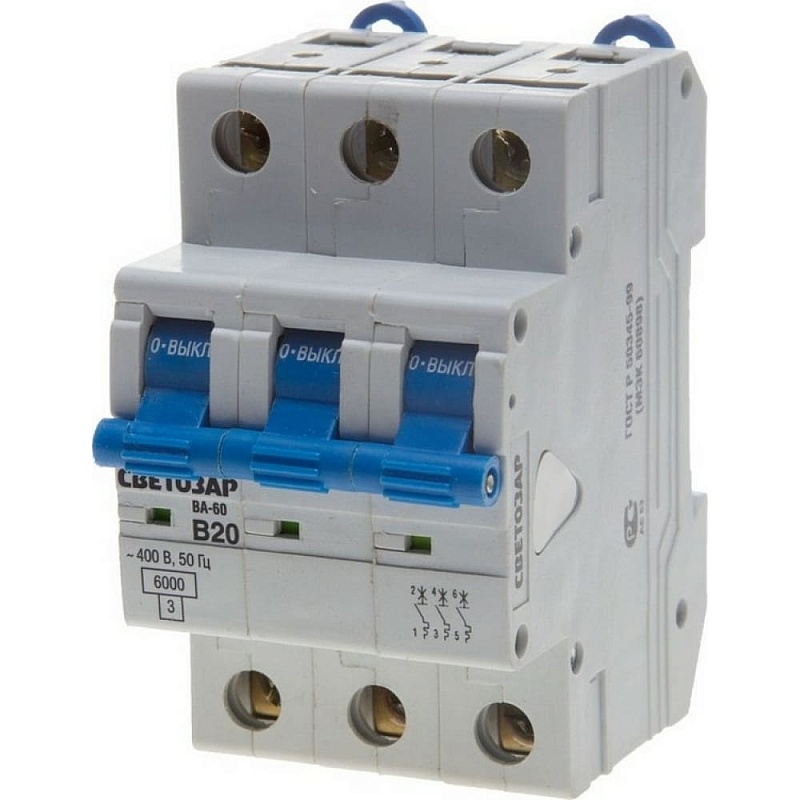 Автоматический выключатель СВЕТОЗАР 3-полюсный, 6 A, B, откл. сп. 6 кА, 400 В SV-49053-06-B