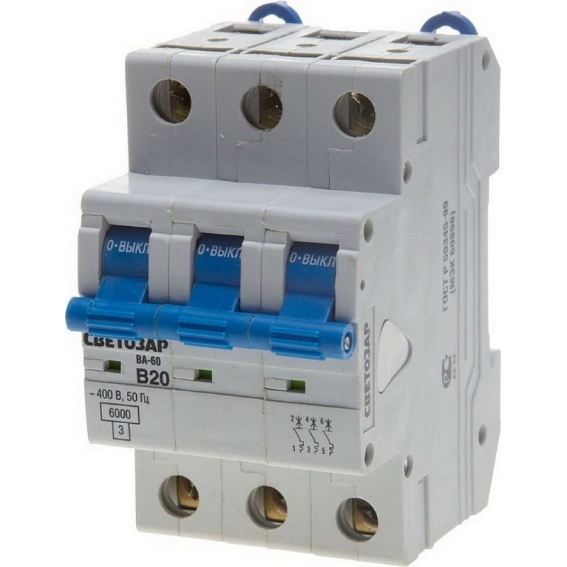 Автоматический выключатель СВЕТОЗАР 3-полюсный, 20 A, B, откл. сп. 6 кА, 400 В SV-49053-20-B