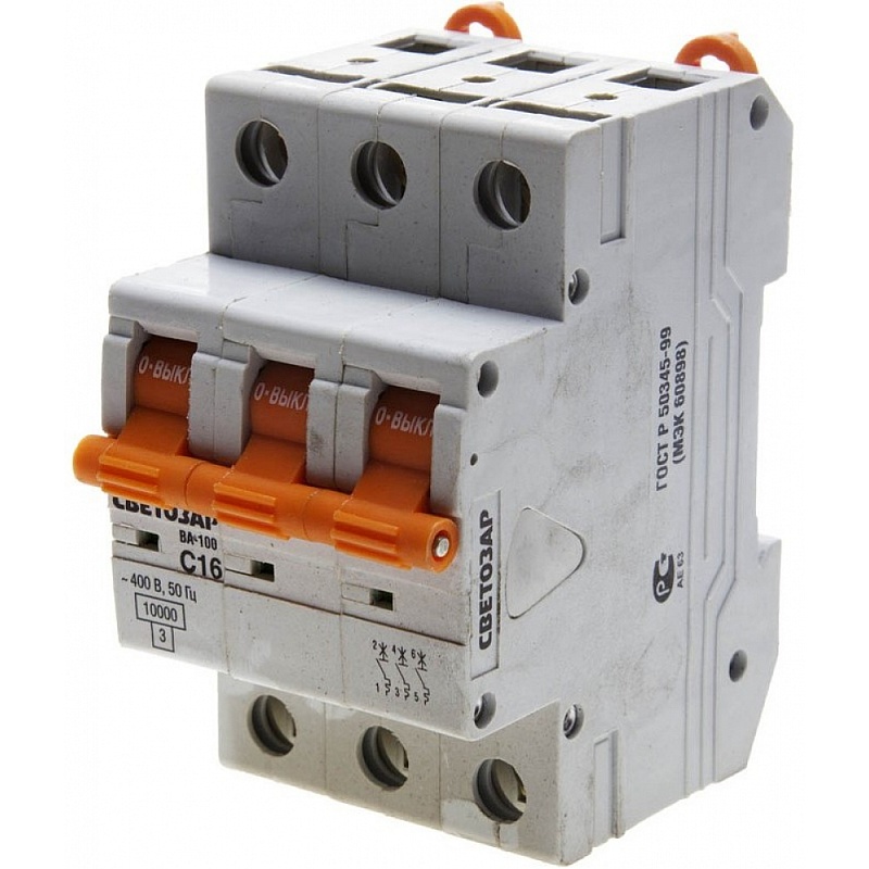 Выключатель автоматический СВЕТОЗАР 3-полюсный, 16 A, C, откл. сп. 10 кА, 400 В SV-49073-16-C