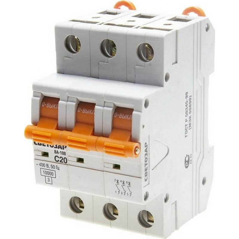 Автоматический выключатель СВЕТОЗАР 3-полюсный, 20 A, "C", откл. сп. 10 кА, 400 В SV-49073-20-C